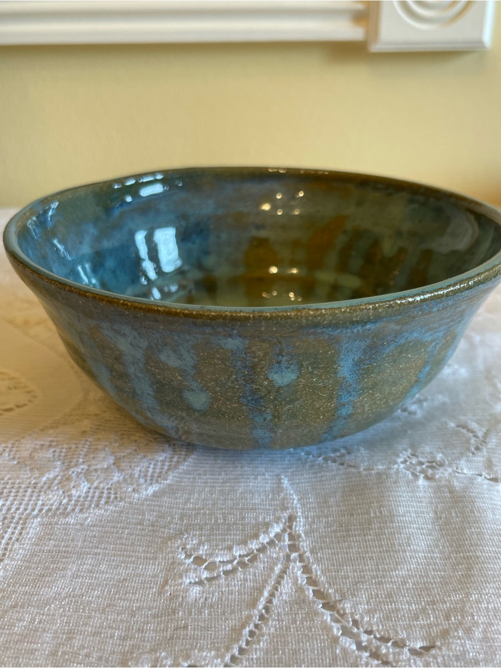 Signed Handmade Studio Pottery Blue Green Glazed Ceramic Bowl